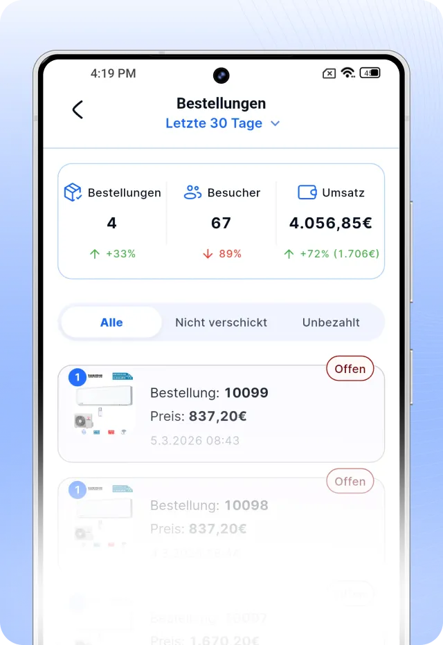 Seller2Go App auf dem Smartphone mit Bestellübersicht und Kennzahlen