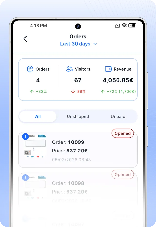 Seller2Go app on a phone showing the order list and key stats