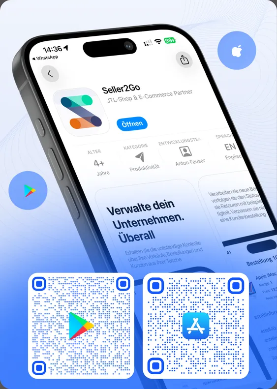 Seller2Go im App Store und bei Google Play, mit QR-Codes zum Download
