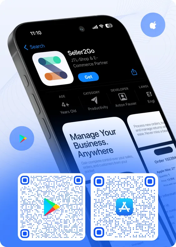 Seller2Go on the App Store and Google Play, with QR codes to download