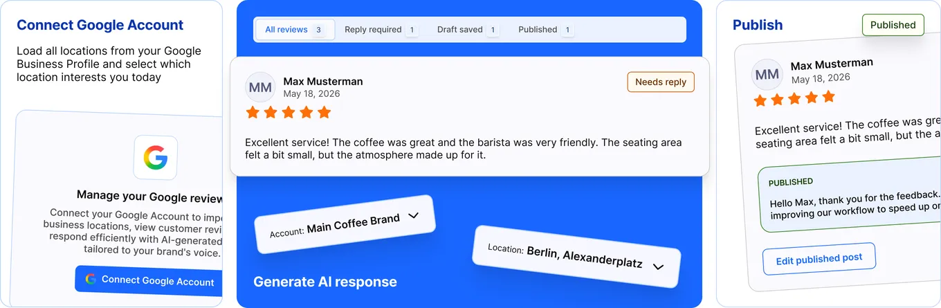 Connect the Google account, generate an AI response and publish it