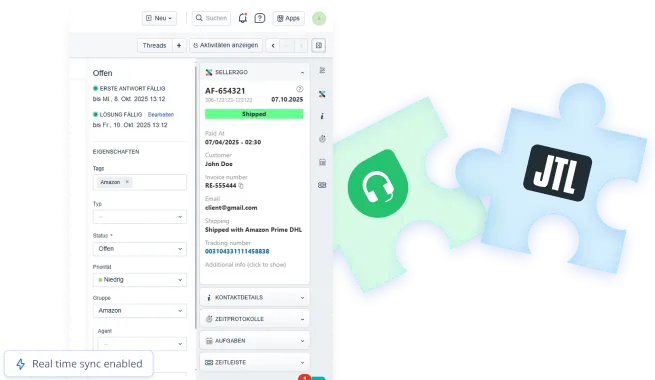 Freshdesk ticket showing order data from JTL-Wawi