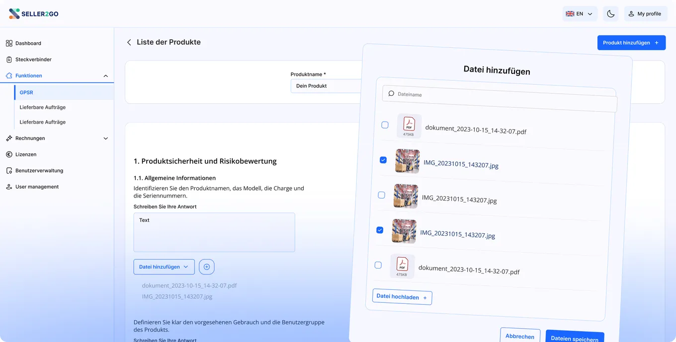GPSR-Oberfläche mit Produktsicherheits-Checkliste und Dateiupload