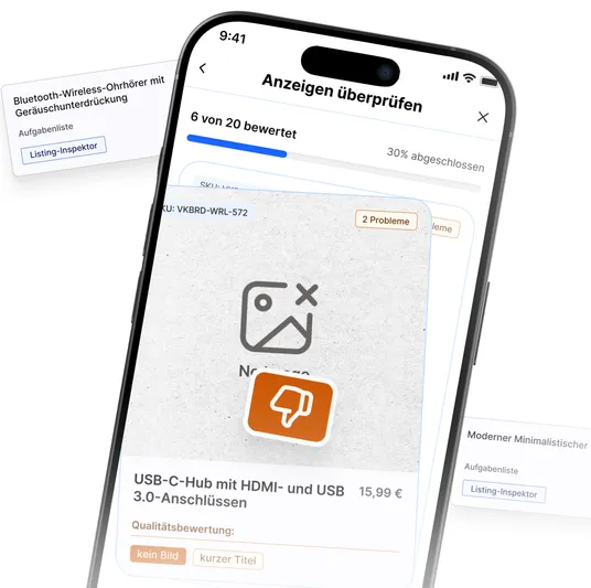 Listing-Inspektor auf dem Smartphone mit Aufgabenkarten für schwache Angebote