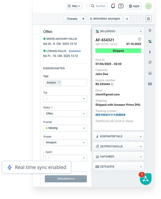 Freshdesk ticket showing order data from JTL-Wawi