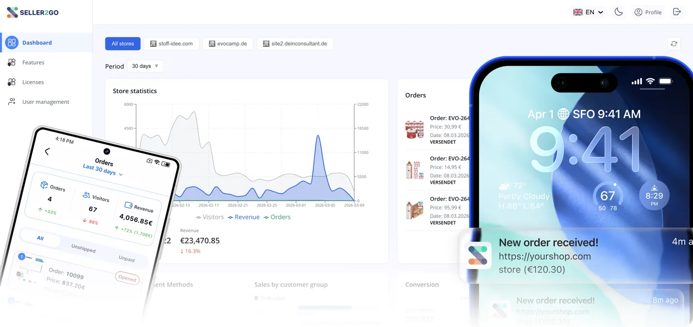 Seller2Go dashboard in the browser and the Seller2Go app on a phone