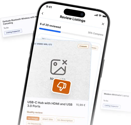 Listing Inspector on a phone with task cards for weak listings