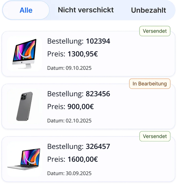 Bestellliste in Seller2Go, gefiltert nach Alle, Unversandt und Unbezahlt