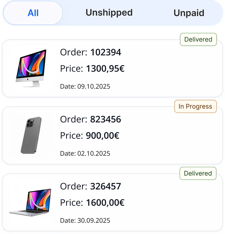 Order list in Seller2Go, filtered by All, Unshipped and Unpaid