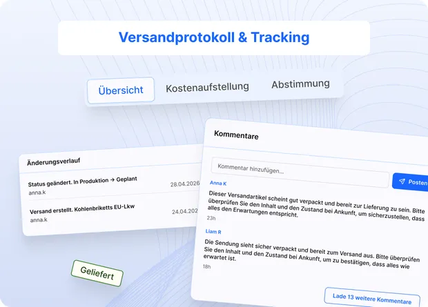 Versandprotokoll mit Übersicht, Dokumenten und Abstimmung