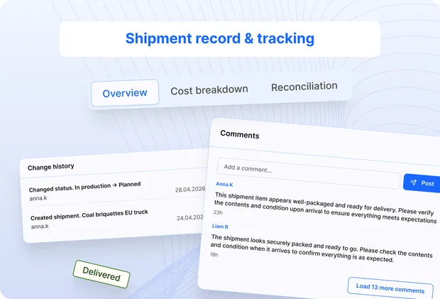 Shipment record with overview, documents and reconciliation