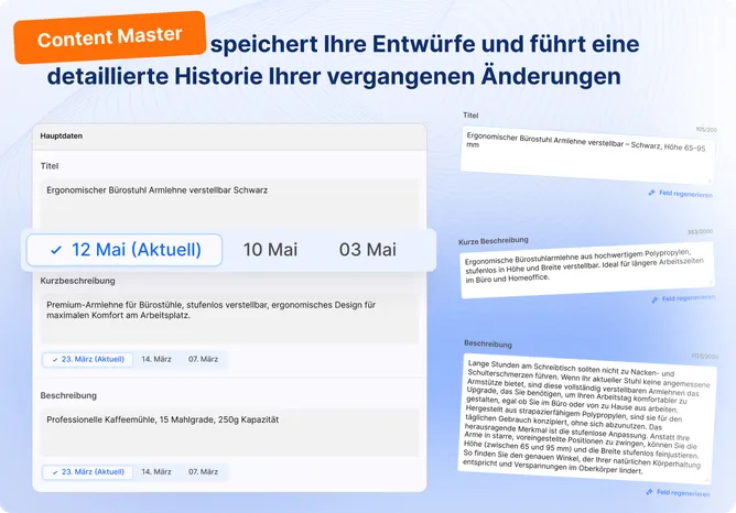 Versionsverlauf eines Produkttexts im Content Master