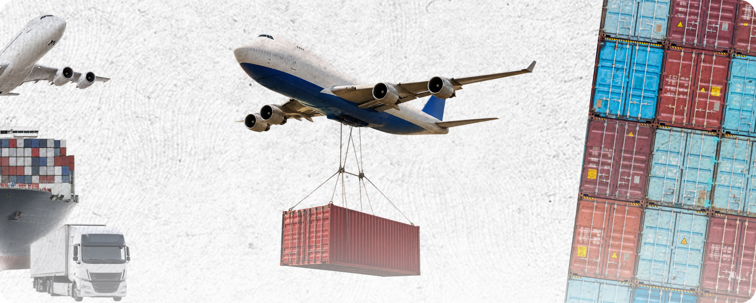 Container, Frachtflugzeug und Lkw im Importablauf